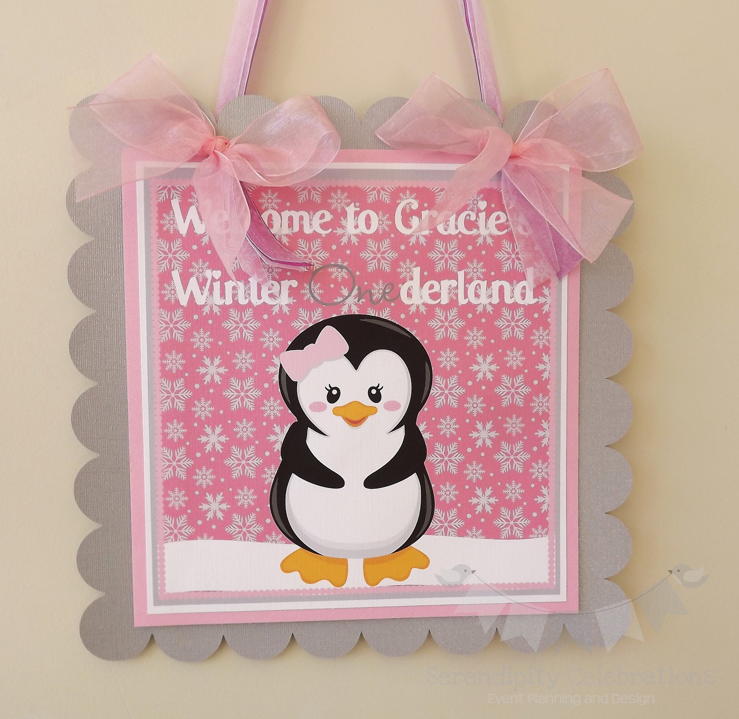 Pink Grey Black Winter ONEderland Collection: Door Sign, Party Sign