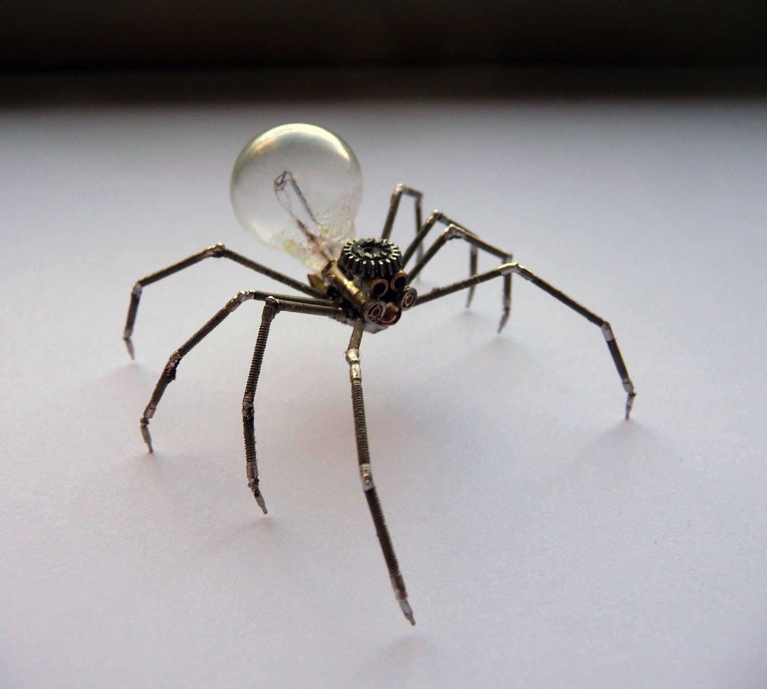 Mechanical Spider Sculpture No 3 Recycled Watch Parts Clockwork Arachnid Figurine Watch Stems Lightbulb Arthropod A Mechanical Mind