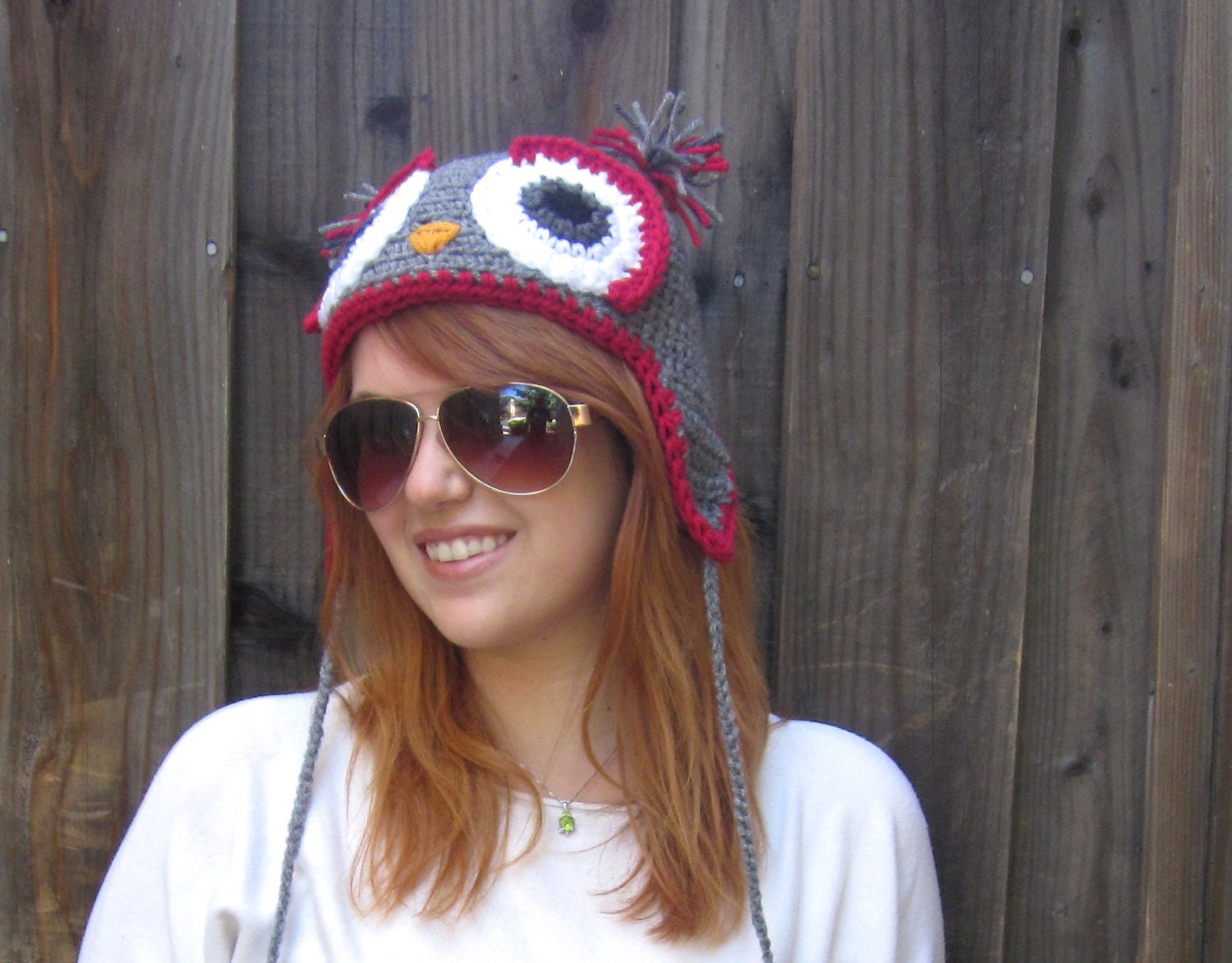 Owl Hat in Gray & Red (crochet ear flap animal beanie)