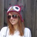 Owl Hat in Gray & Red (crochet ear flap animal beanie)