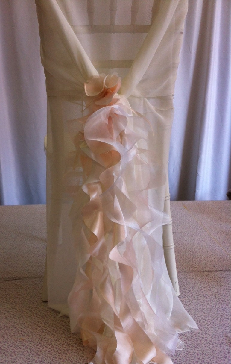 Custom Made Ivory Chiffon Chair Cover with Champagne Curly Accents