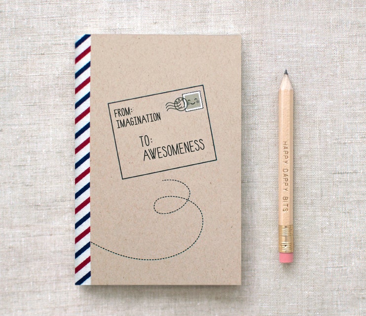 Handmade Mini Sketchbook with Pencil - Stocking Stuffer, Recycled Brown Postal - Special Delivery