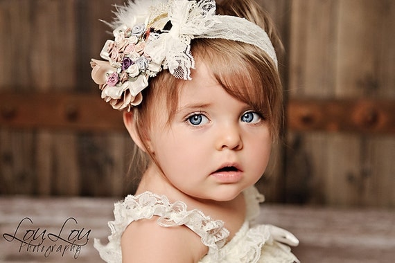 CAMEO COUTURE Pastel Ivory Rosette Lace Headband Photography Prop