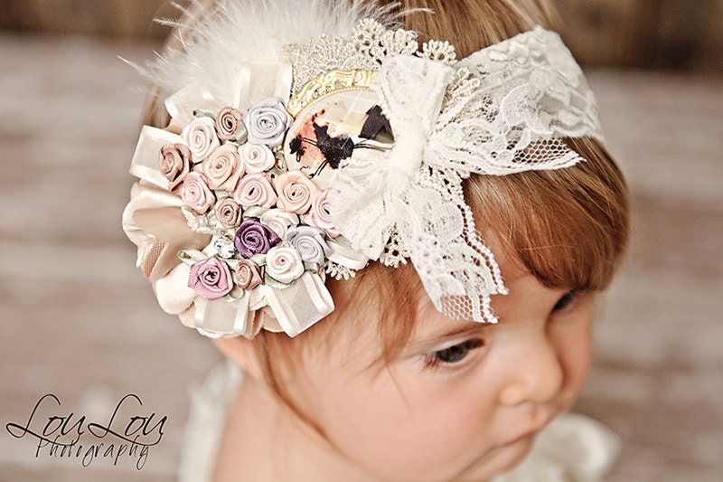 CAMEO COUTURE Pastel Ivory Rosette Lace Headband Photography Prop