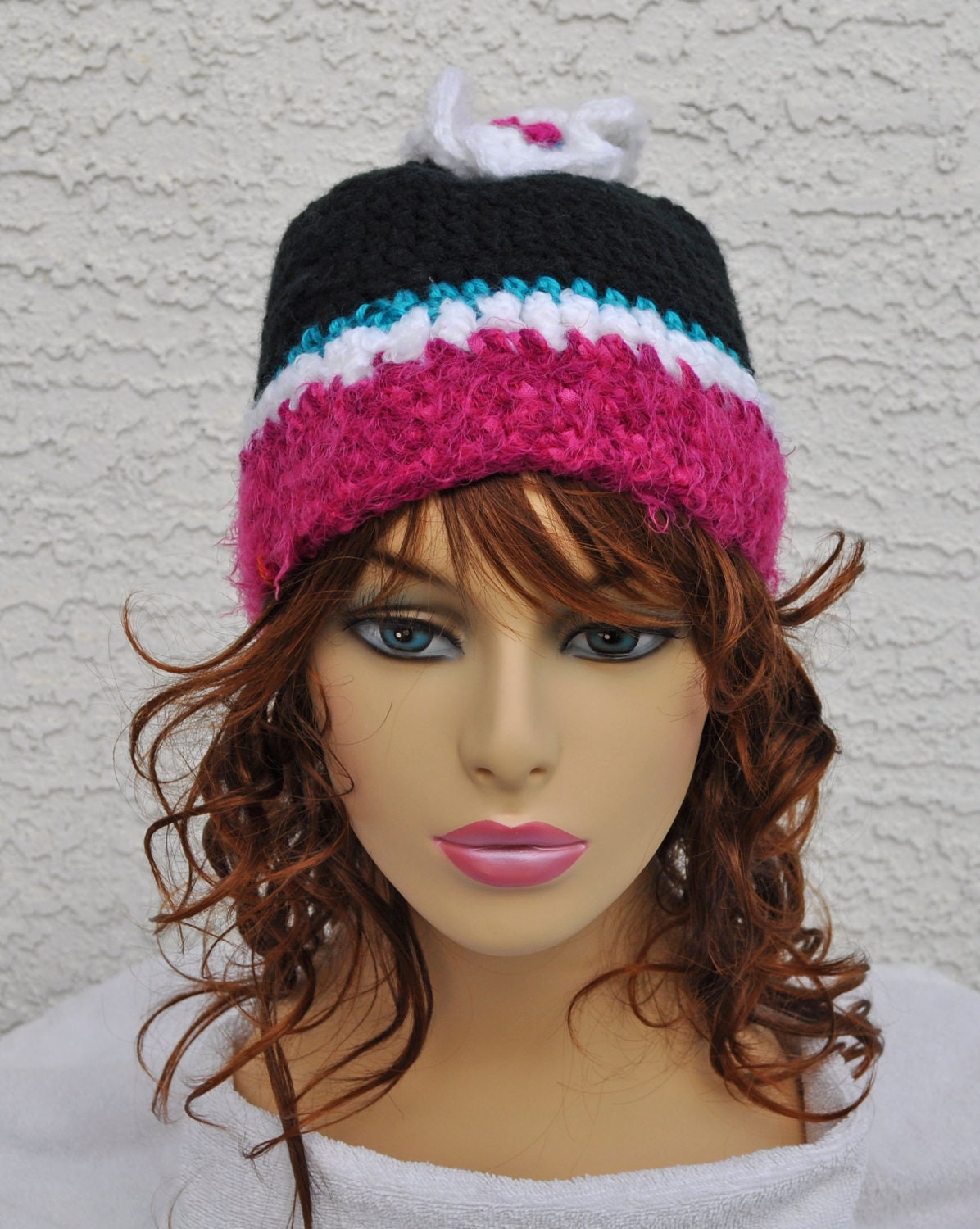 Hat Ladie's Beanie Black with Fuchsia White and Turquoise Trim Crocheted