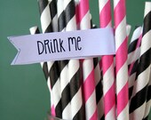 Pink and Black Paper Straws - Set of 50 Striped Drinking Straws With DIY Printable Flags