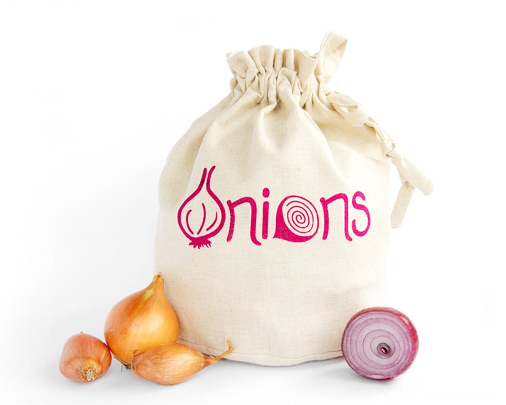 Onions: Handmade reusable eco friendly farmers market tote. Hemp organic cotton tote bag. Pink screen printed designs. Medium Size 4.