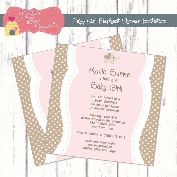 Baby Elephant Custom Girl's Baby Shower Invitation - 4 Patterns to Choose From - DIY Printable File Il_570xn