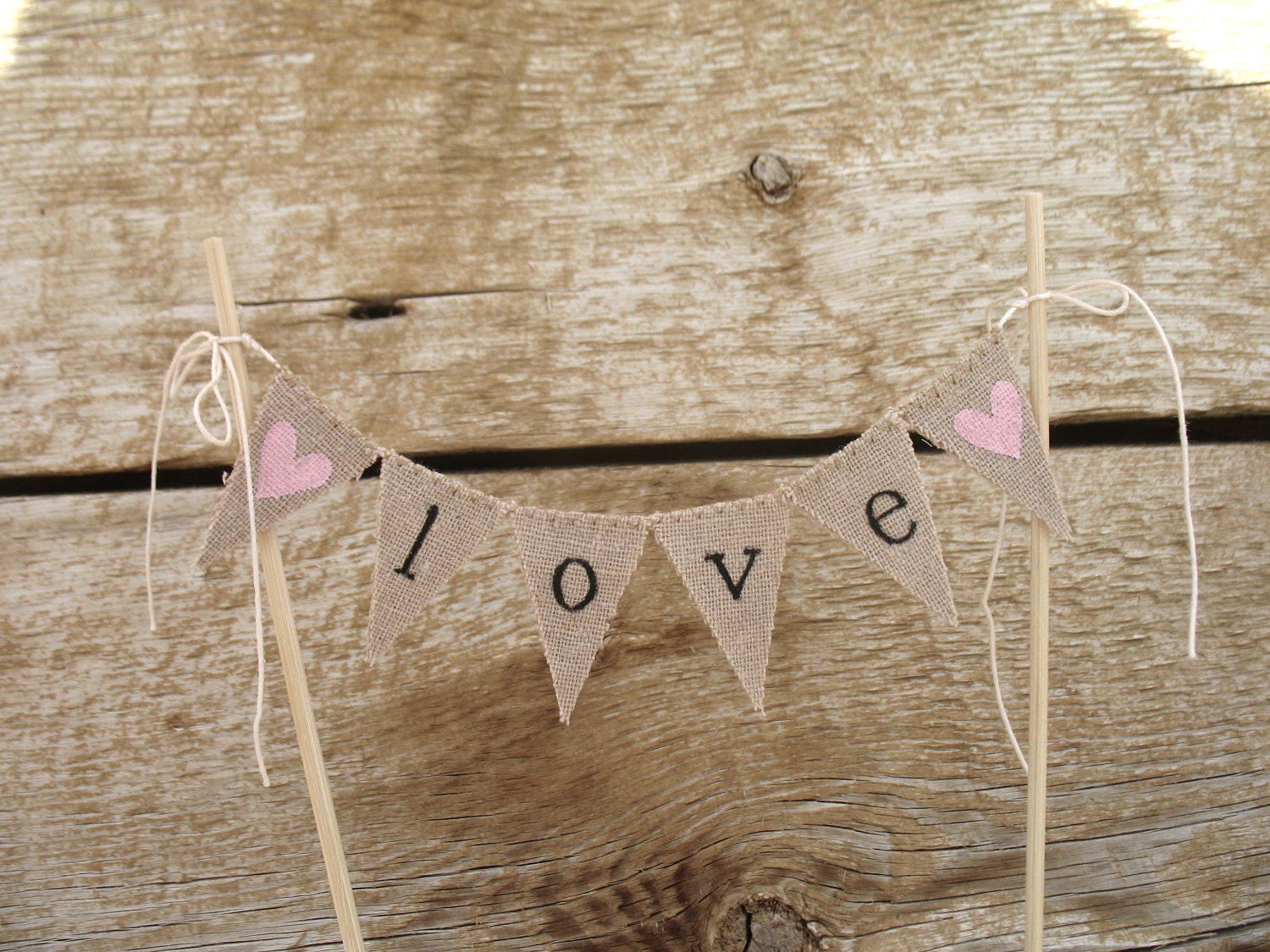 Classic Love Baker Banner Wedding Cake Topper in Lowercase, black Lettering, tea dyed cotton.