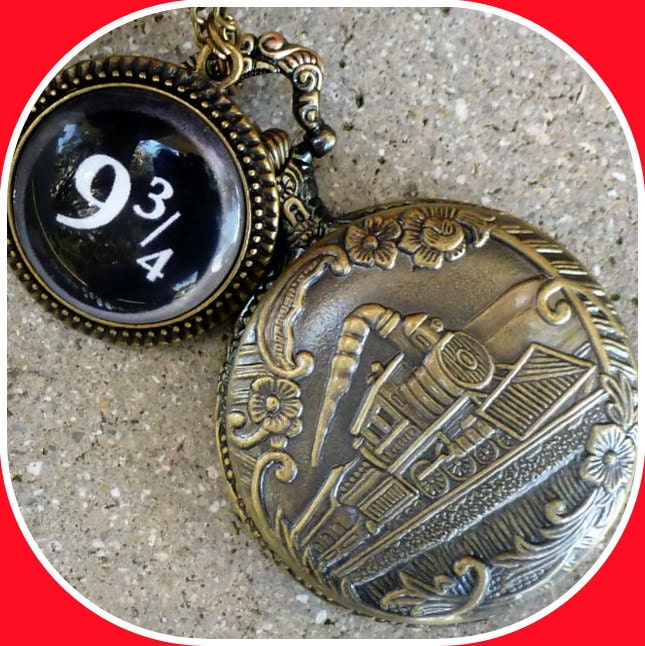 Harry Potter Hogwarts Express Platform 9-3/4 style necklace Fantasy Steampunk Pocket Watch pendant charm Victorian