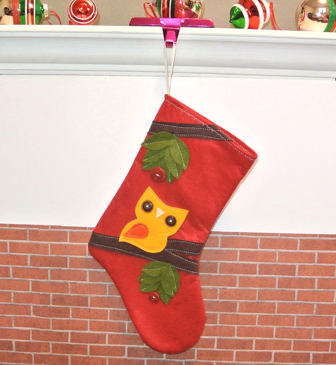 Owl Christmas Stocking in Red by Allenbrite Studio