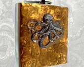 Steampunk Flask Brass Ox Octopus Hip Flask Neo Victorian Sea Monster Hand Painted Golden Bronze Kraken Stainless Steel