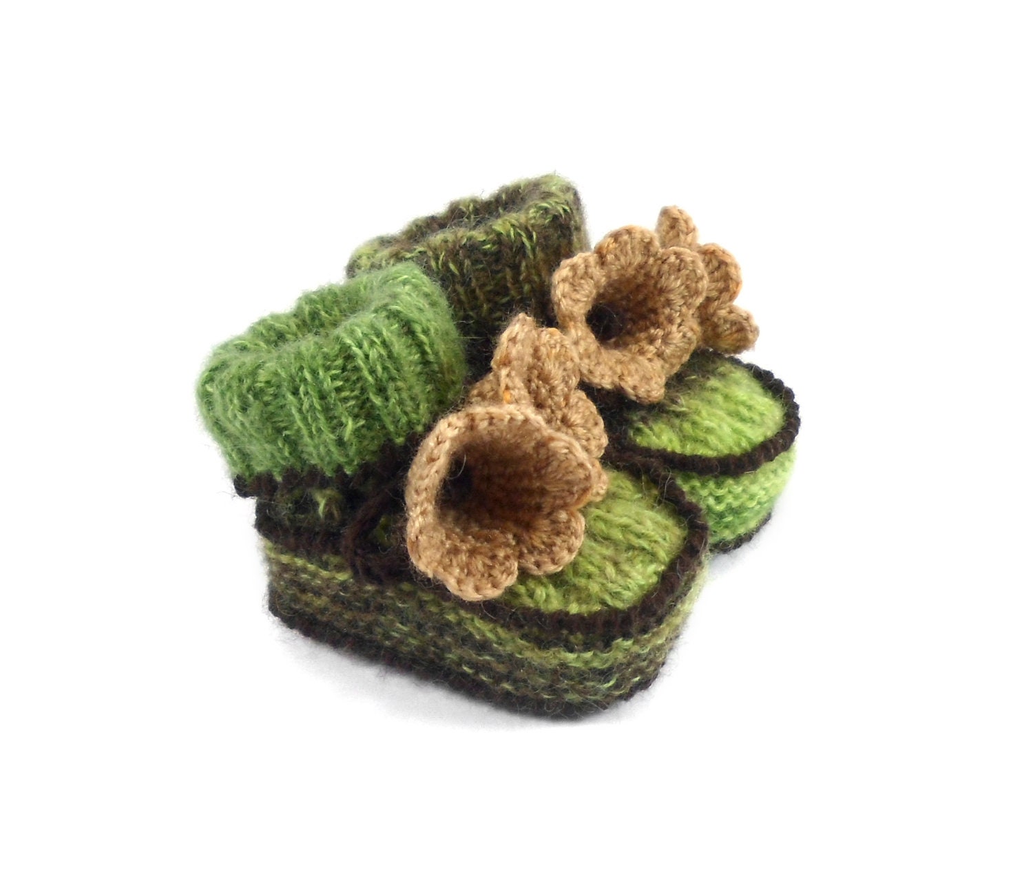 Baby Booties Hand Knitted with Crochet Bell Flowers - Green and Brown, 0 - 3 months