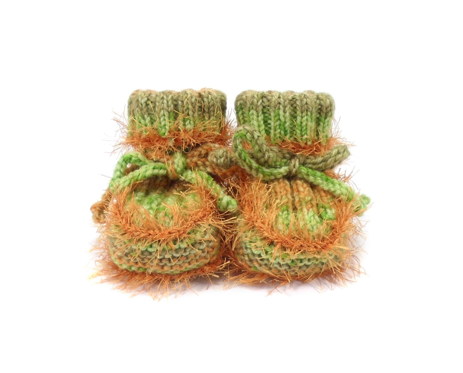 Hand Knitted Baby Booties - Green and Orange, 3 - 6 months - SasasHandcrafts