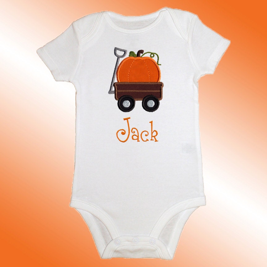 Onesie Bodysuit Baby Shirt - Personalized Applique - Pumpkin Wagon - Embroidered Short or Long Sleeved - Free Shipping