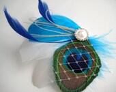Wedding Bridal White Turquoise Royal Blue Peacock Feather Rhinestone Jewel Head Piece Hair Clip Fascinator READY TO SHIP