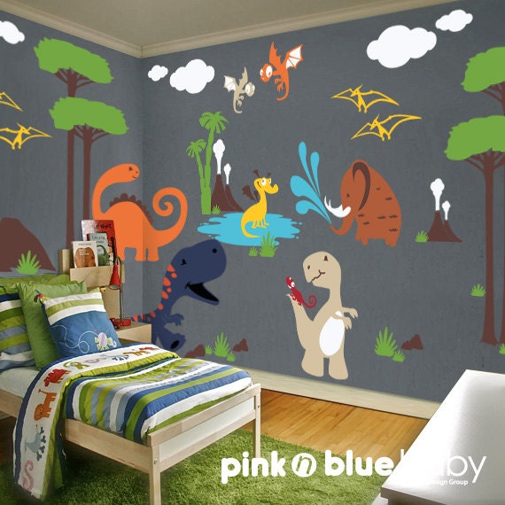 Kids Wall Decal : Dino Land Nursery Kids Removable Wall Vinyl Decal - Nursery Wall Decor