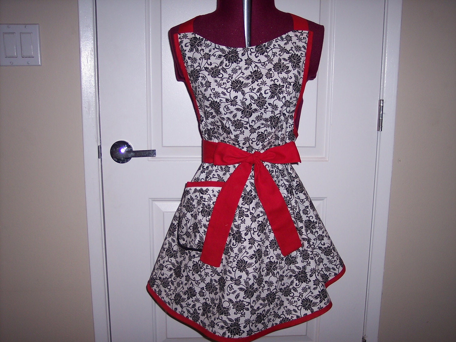 Retro Black and White Damask with Red Trim  "Kailey" Apron