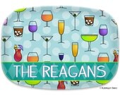 Monogram PLATTER - Melamine - Cocktail Party Serving Tray Happy Hour - Name - Personalized Custom green red polka present bow