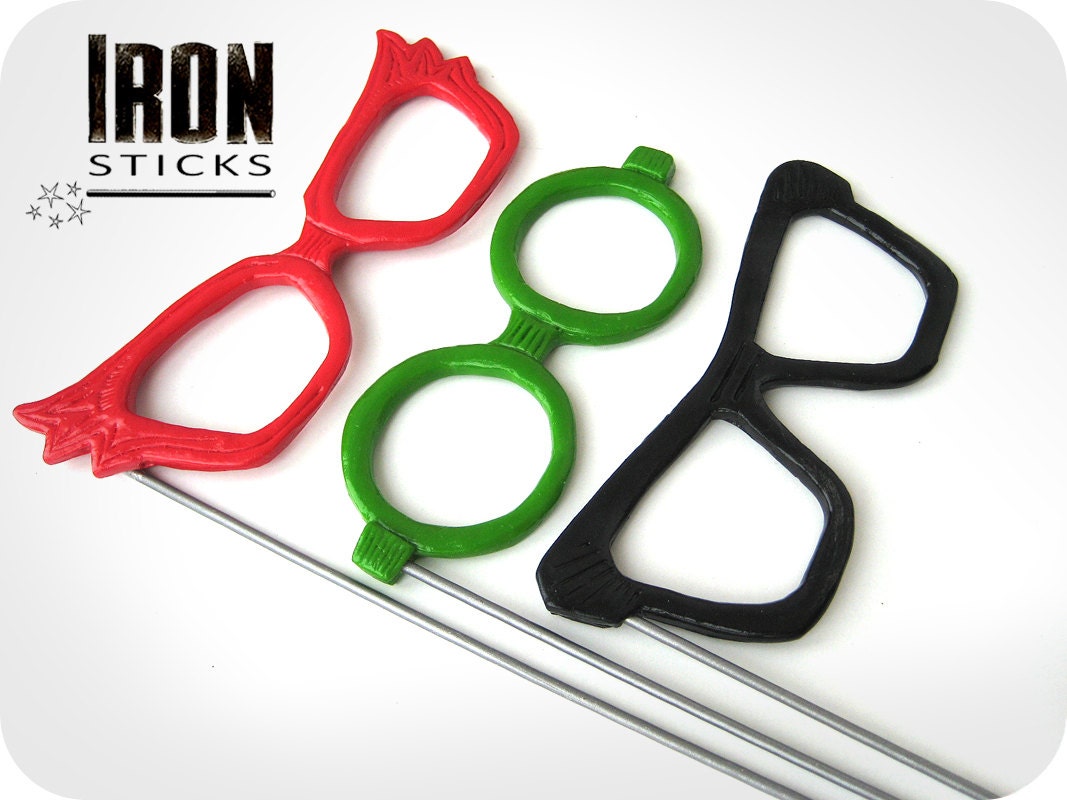 Plastic Photo Booth Props for Wedding on METAL STICKS  - 3 piece set- Color plastic Glasses on metal sticks