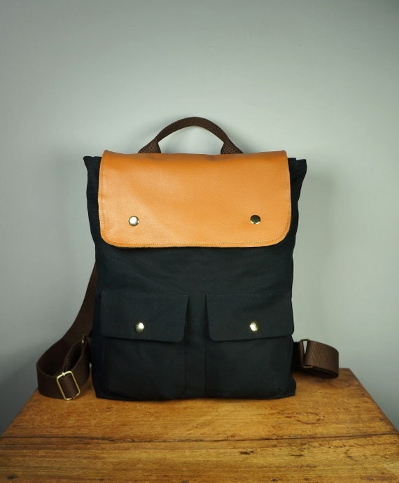 City Backpack in Black Canvas/ Backpack/ Women/ Laptop Bag/ Tan Leather/ Handmade in New York/ Messenger
