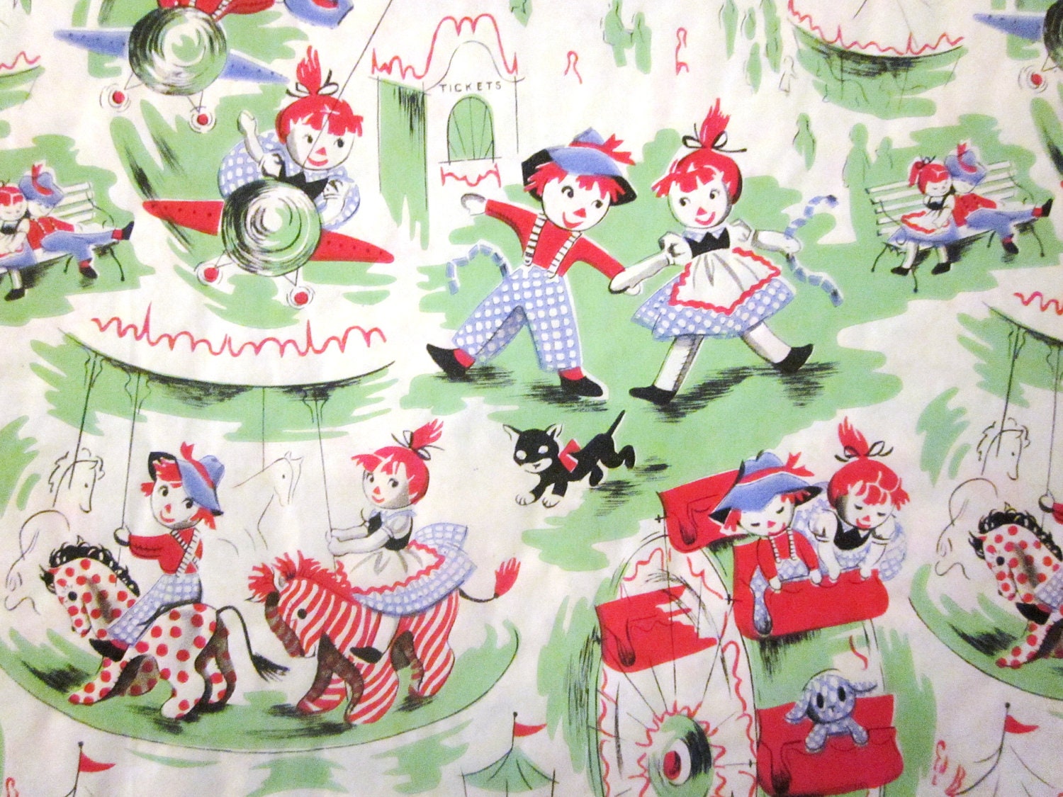 Vintage Wrapping Paper - Raggedy Dolls Visit the Fair - Full sheet Juvenile Gift Wrap
