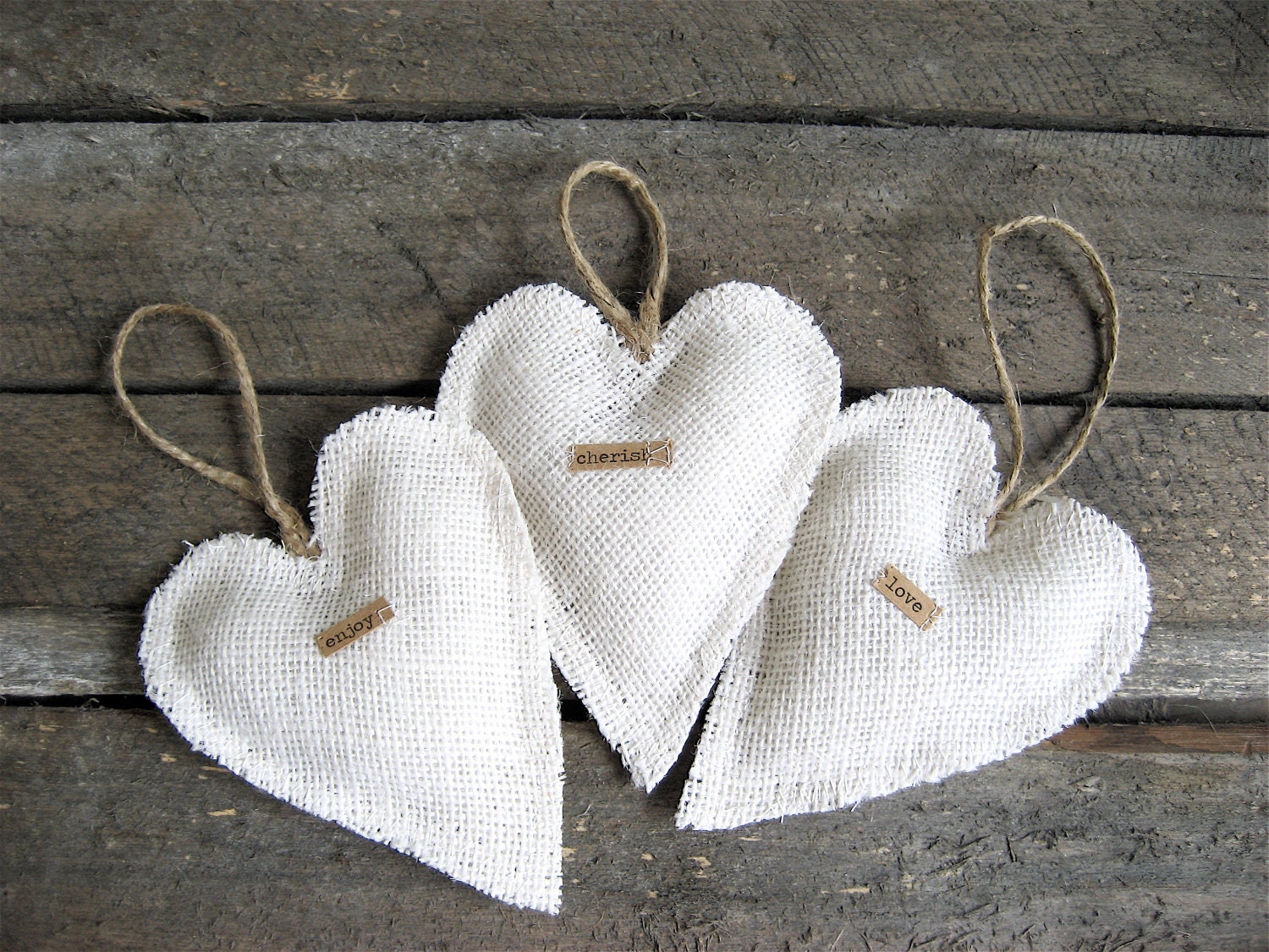 Burlap Heart Ornaments (Set of Three)