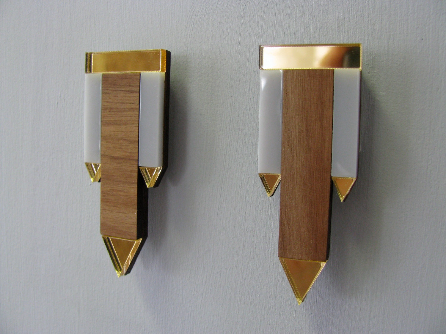 Geometric, perspex, gold, gray, walnut statement earrings