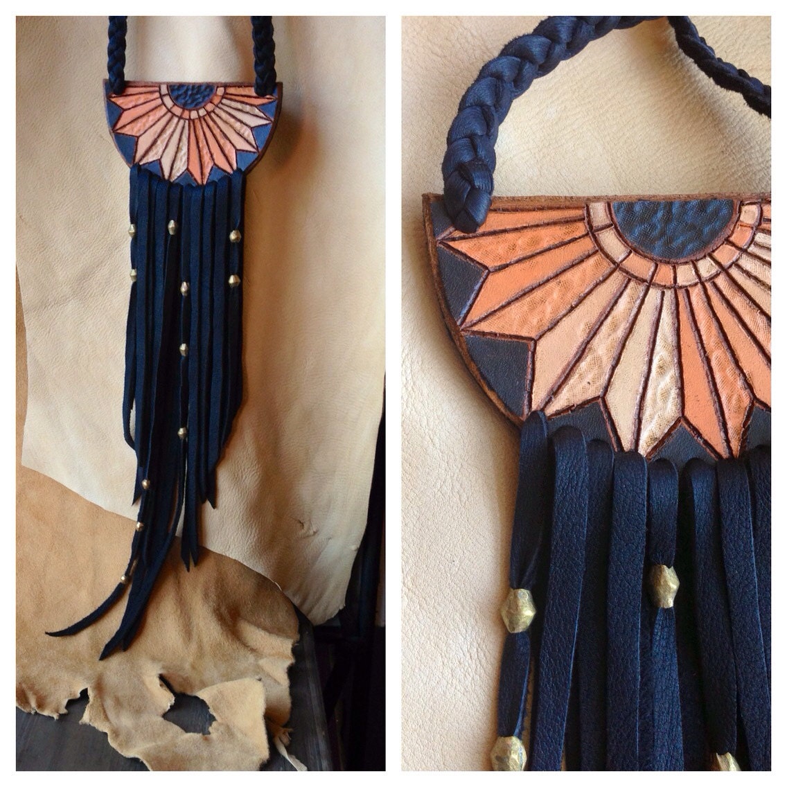 Peach Sun Rays Leather Necklace