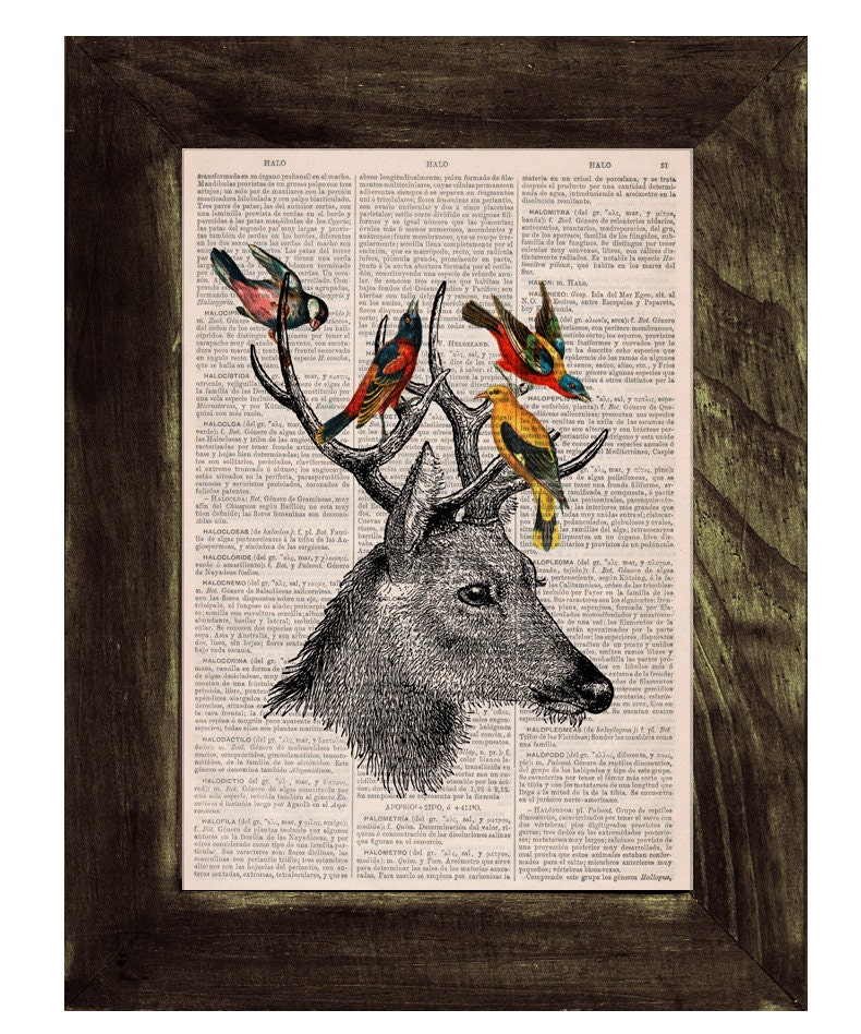 Deer head on Upcycled Book page Print Vintage Art Print Deer head with birds