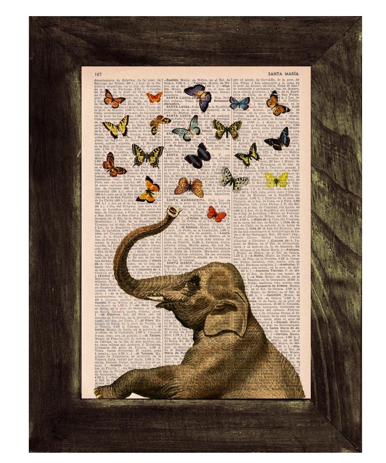 Elephant in love counting butterflies book print - Elephant in love - collage Printed on vintage dictionary book page