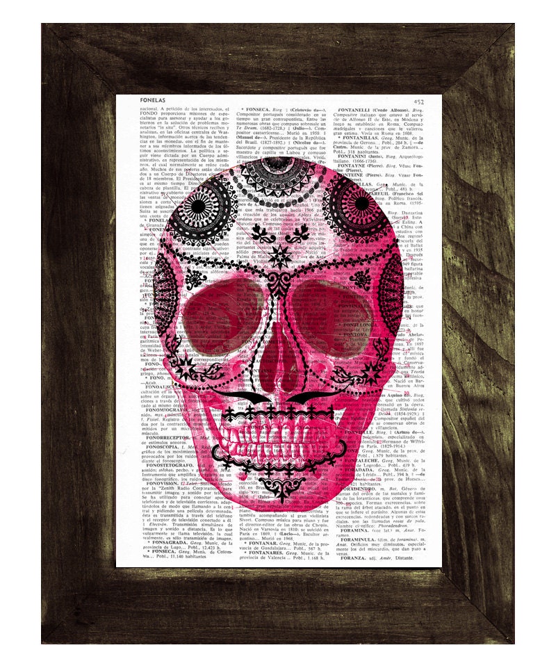 Hot Pink Mexican Skull book print - Dia de los muertos skull- Book Print Vintage Art Print Simple Skull