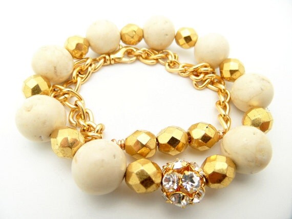 White Stone Beaded Bracelets, Chain Bracelet, Chunky Milky Fossil Jasper Stones Gold Czech Glass, Swarovski Crystal Bracelet