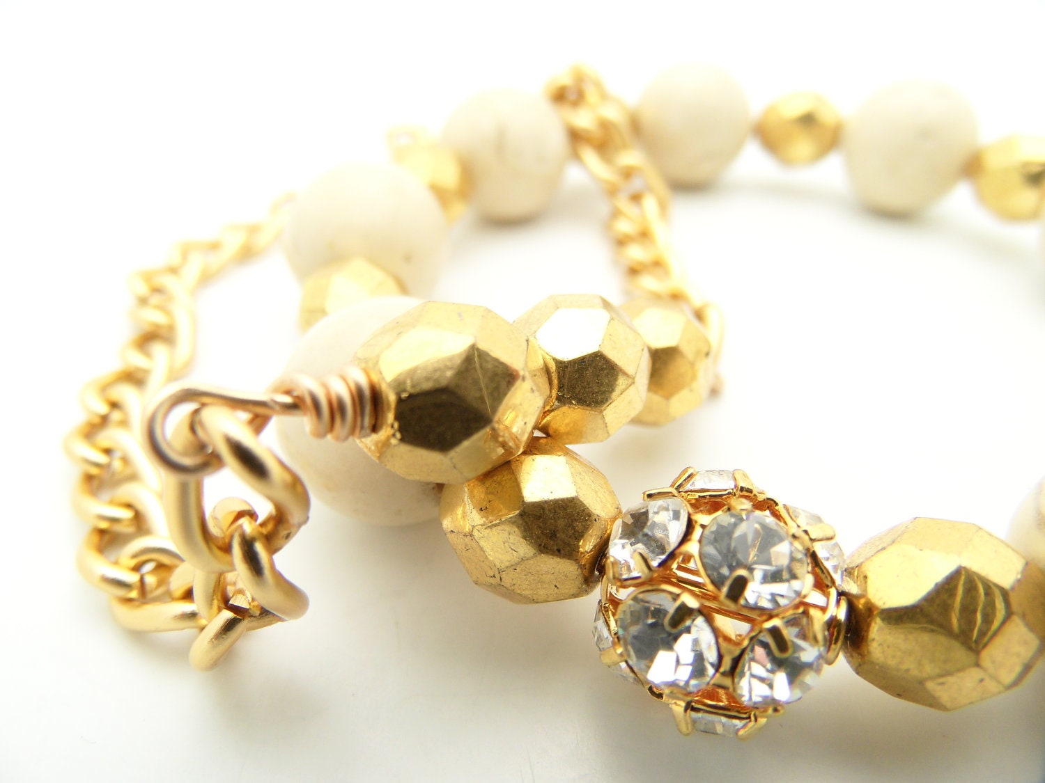 White Stone Beaded Bracelets, Chain Bracelet, Chunky Milky Fossil Jasper Stones Gold Czech Glass, Swarovski Crystal Bracelet