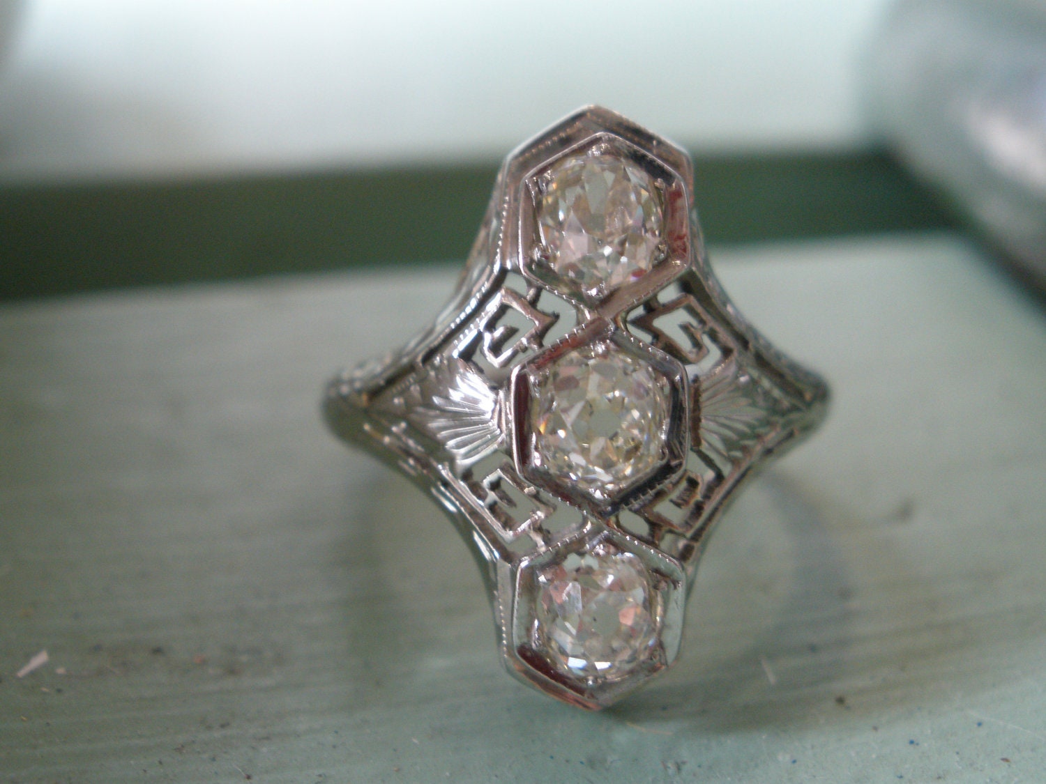 Sale FINAL REDUCTION  Stunning 1920's Antique Art Deco Belais Brothers 18K  Chunky Old Mine Cut Diamond Filigree Ring