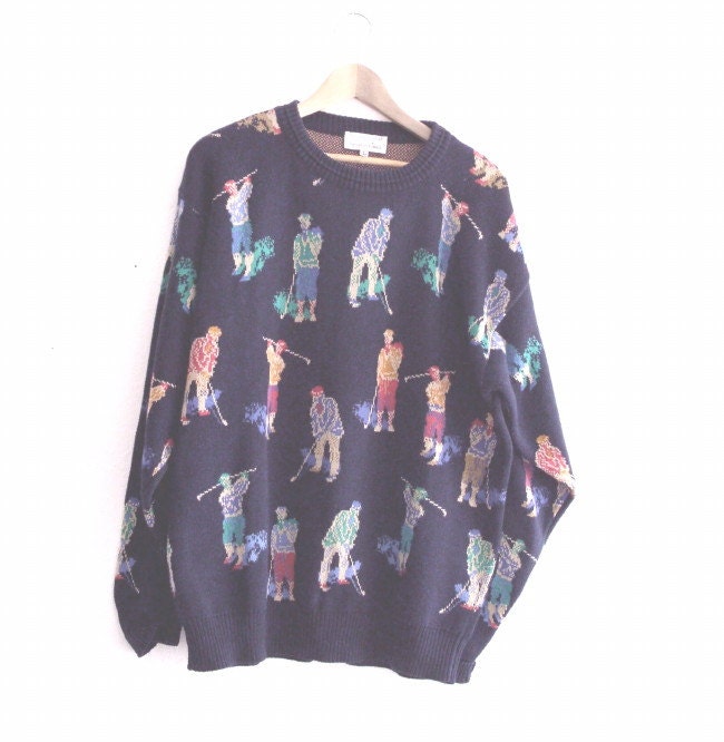 Vintage Golf Print St.Raphael Men Sweater Large XL Made in USA