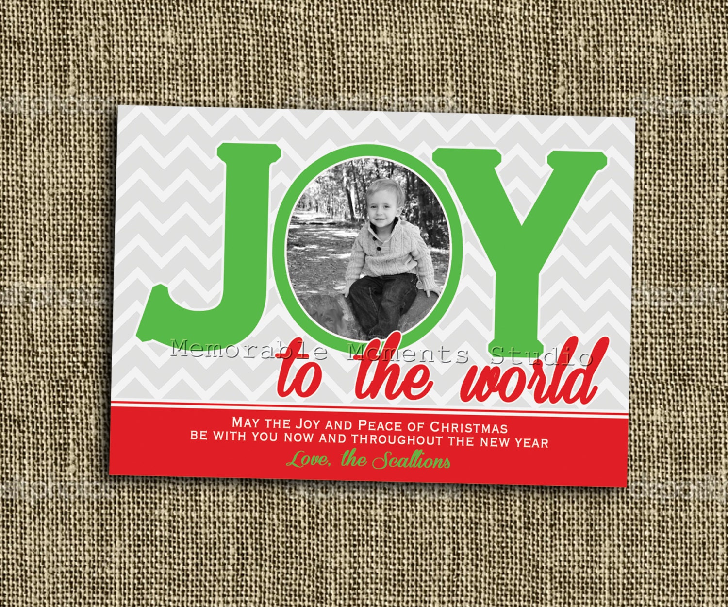 PRINTABLE CHRISTMAS CARD Modern Chevron Red, Green and Grey Joy to the World Photo Card - Happy Holiday - Memorable Moments Studio