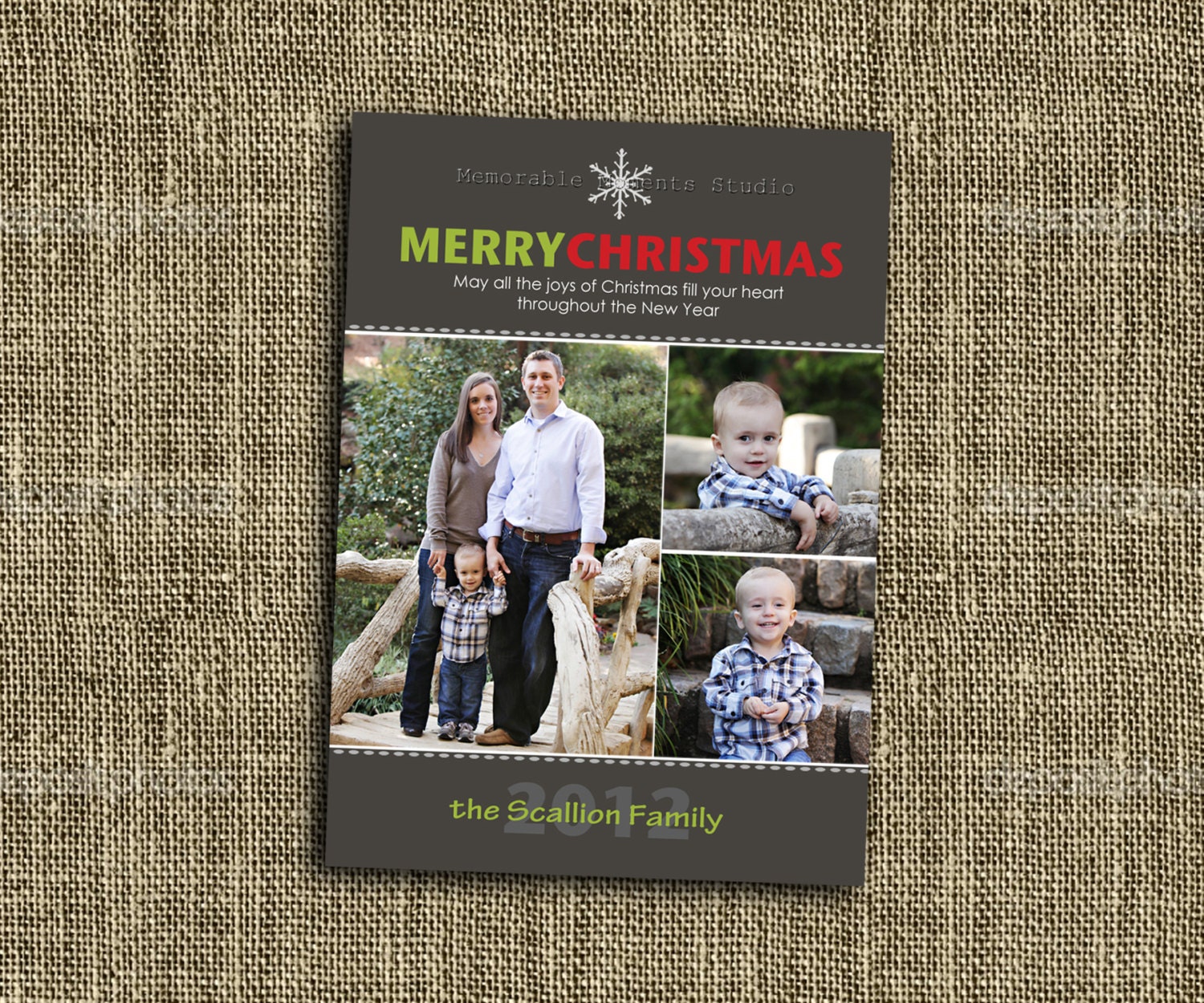 PRINTABLE CHRISTMAS CARD Classic Snowflake Red and Green Christmas Photo Card with 1 or 3 photos - Happy Holidays - Memorable Moments Studio
