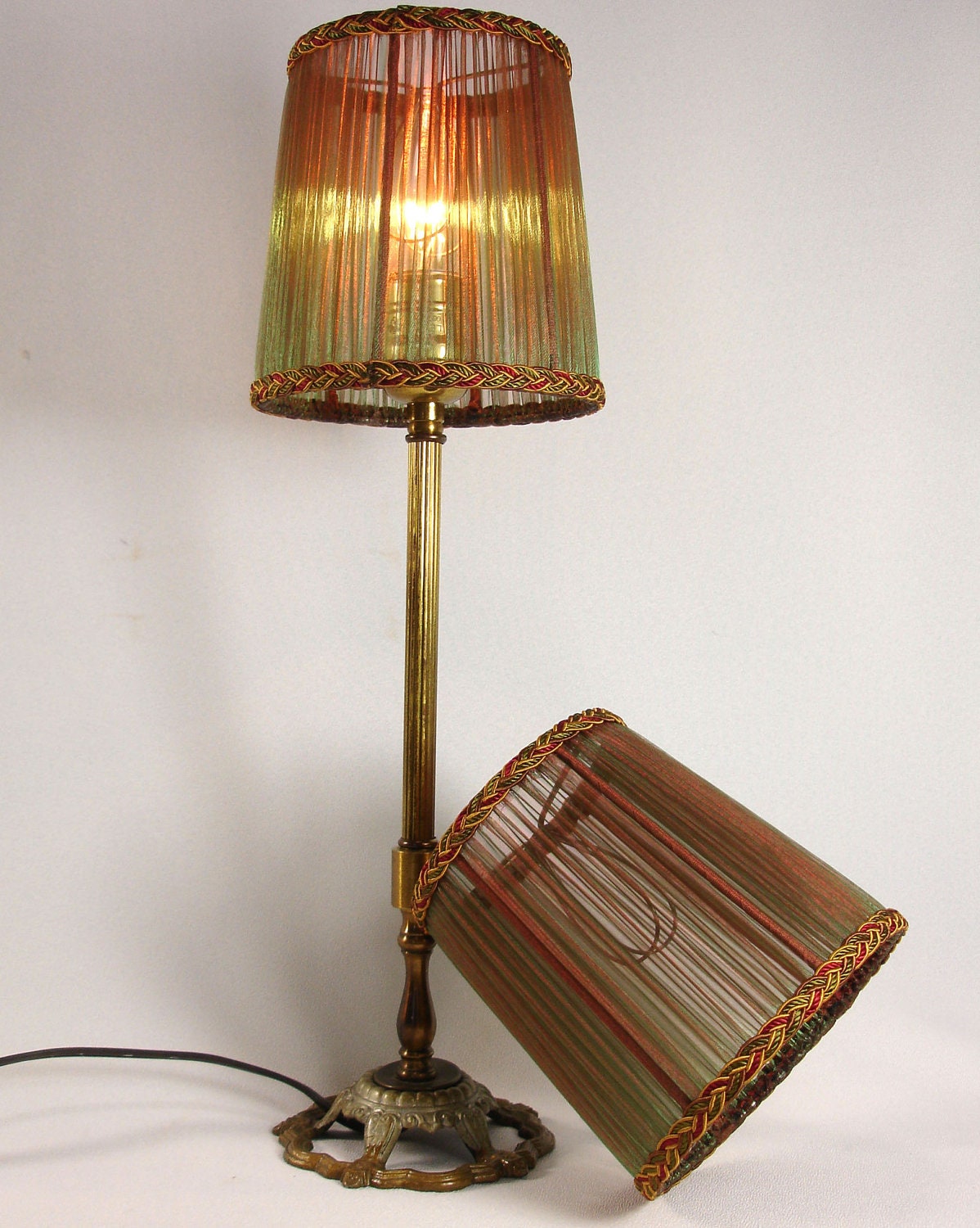 Lamp Shades Iridescent Rust & Green Hand Made Small Silk Pair