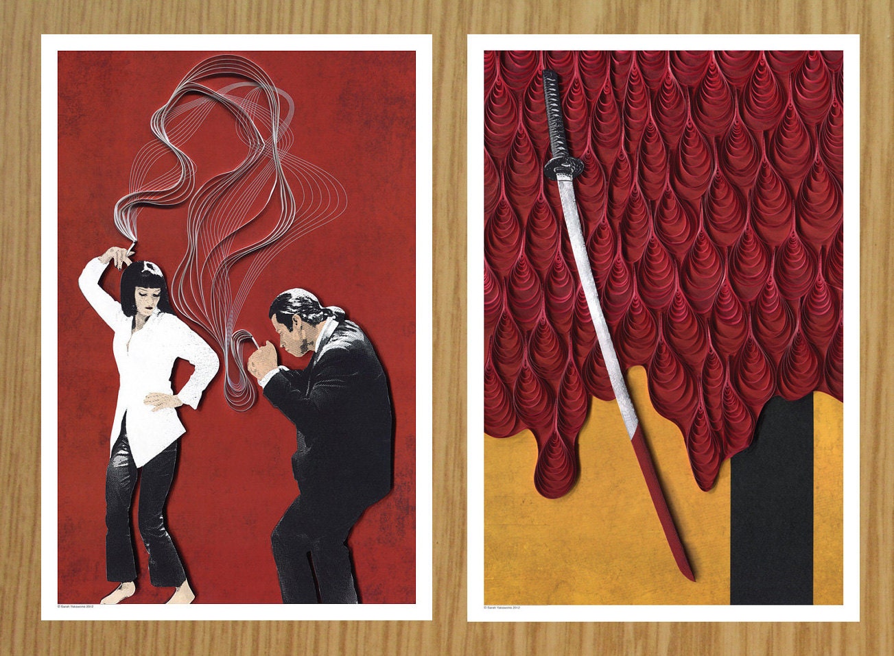 Quentin Tarantino film posters, Pulp Fiction movie poster, Kill Bill movie poster, Paper art print, quilling and etching illustration, print