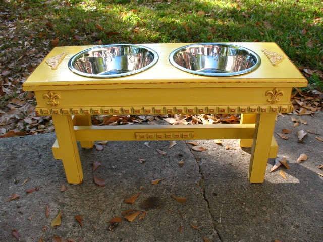 Elevated Dog Bowl Pet Feeder For Large Dogs - Distressed  Marigold  with Copper Underlay Shabby Chic - Made To Order
