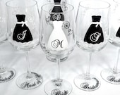 Bride and Bridesmaid gift wine glasses, dress glasses for wedding party head table accessory, black and white winter wedding