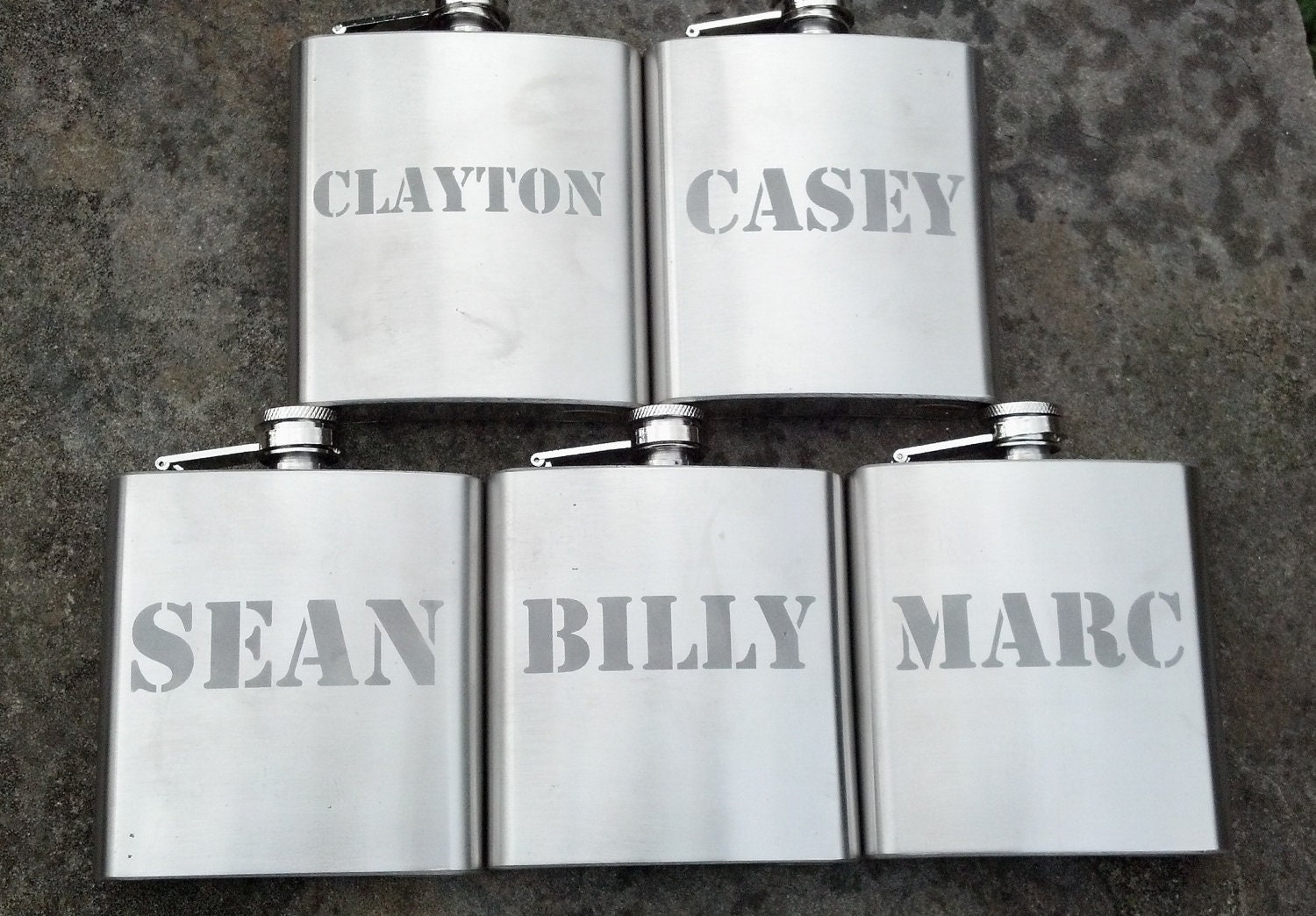 Etched Groomsman flask, 6 ounce, stainless steel personalized flask.  Groomsmen and Best Man gift, stencil army font