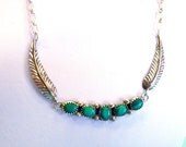 Beautiful Vintage Native American Malachite Petit Point & Feather Wing 925 Sterling Silver Necklace
