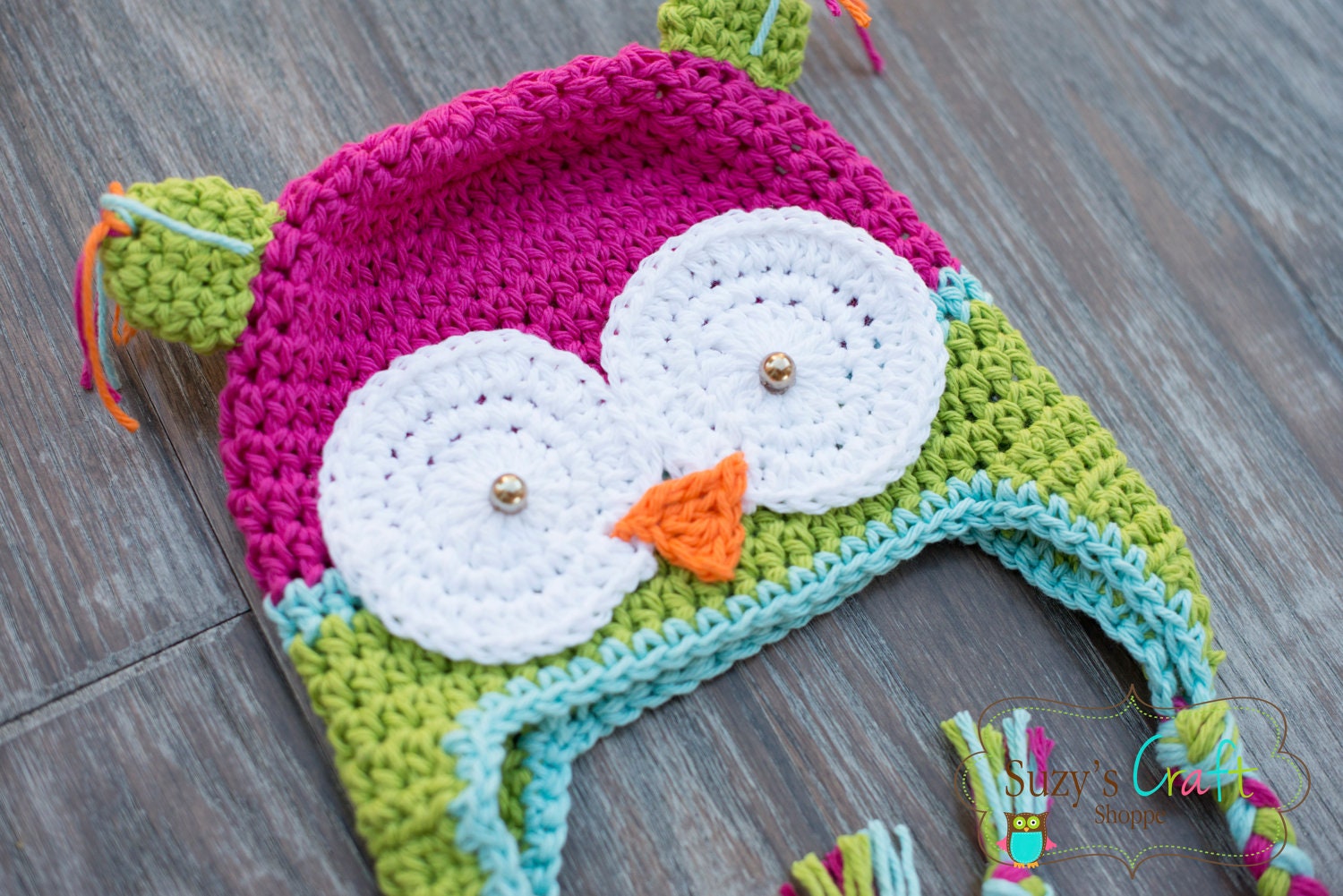Crochet Owl Beanie. Pink, Green and bright colors- 3T Size ready to ship