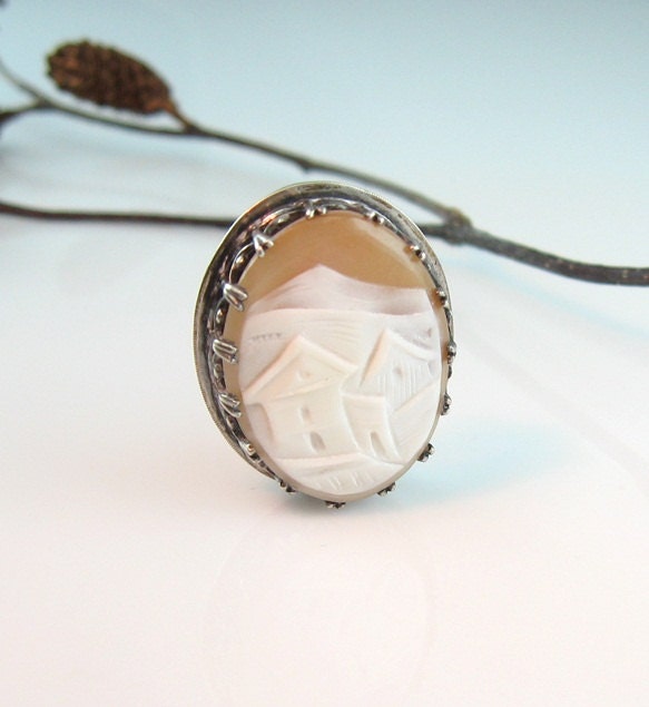 Victorian Style Carved  Shell Cameo Pin Pendant Sterling with European Landscape Mountain Village