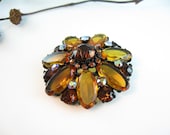 Luxurious Rhinestone Flower Pin Smoked Topaz Aurora Borealis Statement Brooch VIntage 1960s