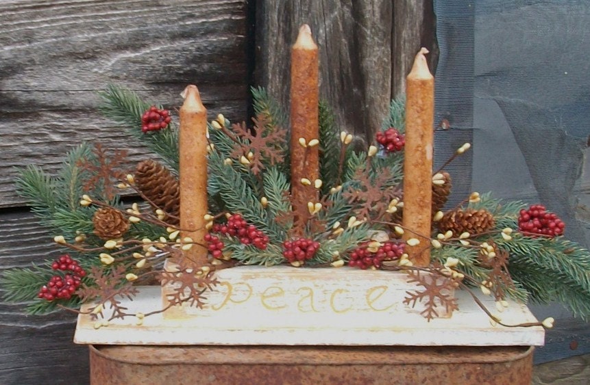 Christmas Wooden Candle Holder - Hand Cut from Pine - Distressed Antique White Over Mustard Yellow