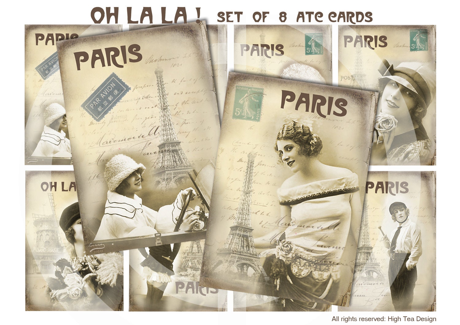 OH LA LA  -  Set of 8 Atc Cards - French Chic - Digital Collage Sheet - Printable Download