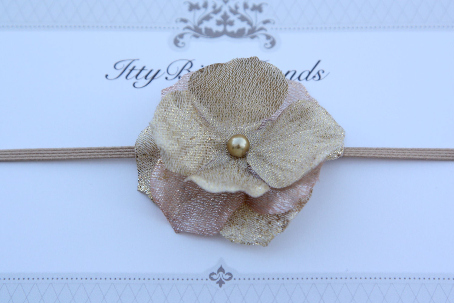 Gold Flower w/ Pearl Center on Beige Stretch Headband Hairband for Infant, Newborn, Toddler, Adult Bow Photo Prop Holidays Christmas